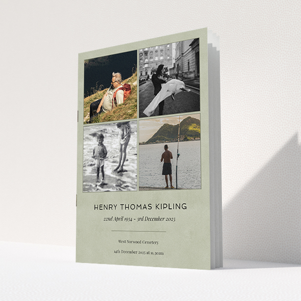 A funeral order of service named "Many Photos. It is an A5 booklet in a portrait orientation. It is a photographic funeral order of service with room for 4 photos. "Many Photos" is available as a folded booklet booklet, with splashes of green.