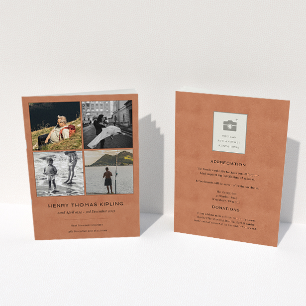 A funeral order of service named "Many Photos. It is an A5 booklet in a portrait orientation. It is a photographic funeral order of service with room for 4 photos. "Many Photos" is available as a folded booklet booklet, with splashes of orange.