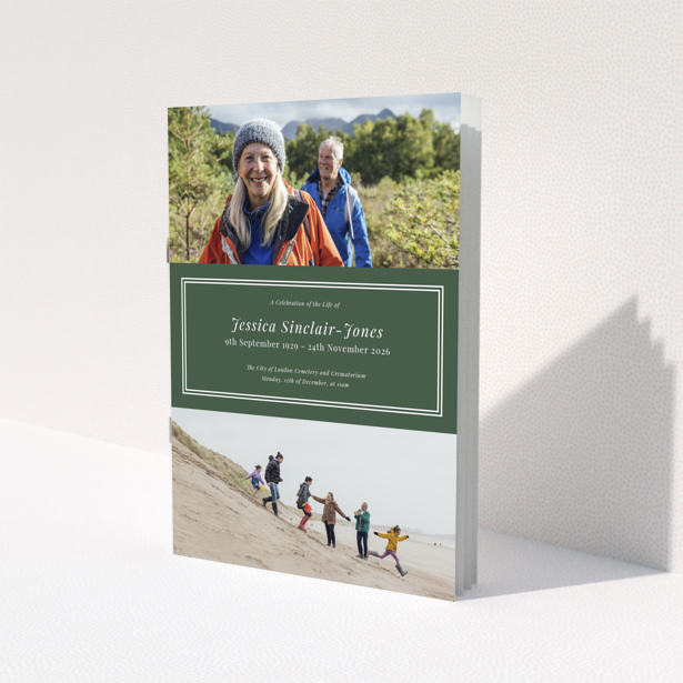 Front cover design of a funeral order of service program with two photos displayed.