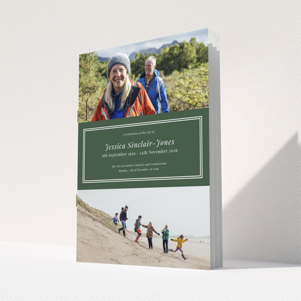 Funeral order of service program back cover design with no photos, green background - Portrait