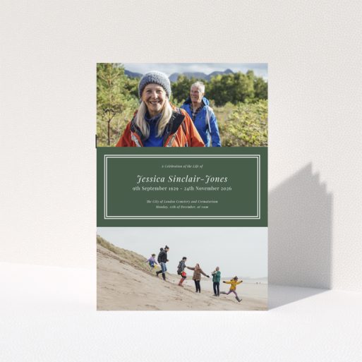 Front cover design of a funeral order of service program with two photos displayed.