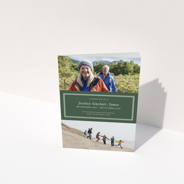 Funeral order of service program back cover design with no photos, green background - Portrait