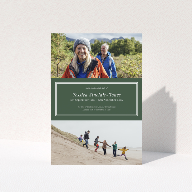 Front cover design of a funeral order of service program with two photos displayed.