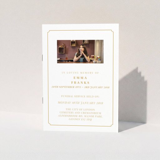 A funeral order of service called "Orange notch". It is an A5 booklet in a portrait orientation. It is a photographic funeral order of service with room for 1 photo. "Orange notch" is available as a folded booklet booklet, with tones of white and orange.