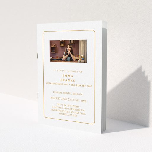 A funeral order of service called 'Orange notch'. It is an A5 booklet in a portrait orientation. It is a photographic funeral order of service with room for 1 photo. 'Orange notch' is available as a folded booklet booklet, with tones of white and orange.