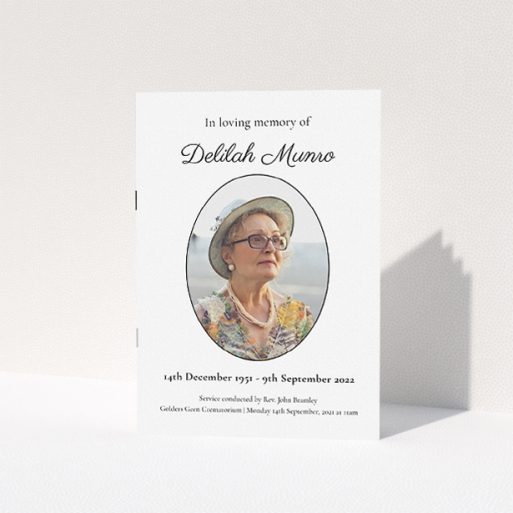 A funeral order of service named "Oval Frame. It is an A5 booklet in a portrait orientation. It is a photographic funeral program with room for 1 photo. "Oval Frame" is available as a folded booklet booklet, with tones of white and black.
