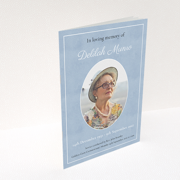 A funeral order of service named "Oval Frame. It is an A5 booklet in a portrait orientation. It is a photographic funeral order of service with room for 1 photo. "Oval Frame" is available as a folded booklet booklet, with neutral tones.