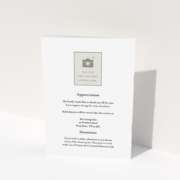 A funeral order of service named "Oval Frame. It is an A5 booklet in a portrait orientation. It is a photographic funeral order of service with room for 1 photo. "Oval Frame" is available as a folded booklet booklet, with tones of white and black.