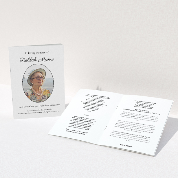 A funeral order of service named "Oval Frame. It is an A5 booklet in a portrait orientation. It is a photographic funeral order of service with room for 1 photo. "Oval Frame" is available as a folded booklet booklet, with tones of white and black.