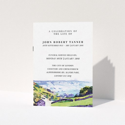 A funeral order of service design named "Over the Dales". It is an A5 booklet in a portrait orientation. "Over the Dales" is available as a folded booklet booklet, with tones of green, light blue and purple.