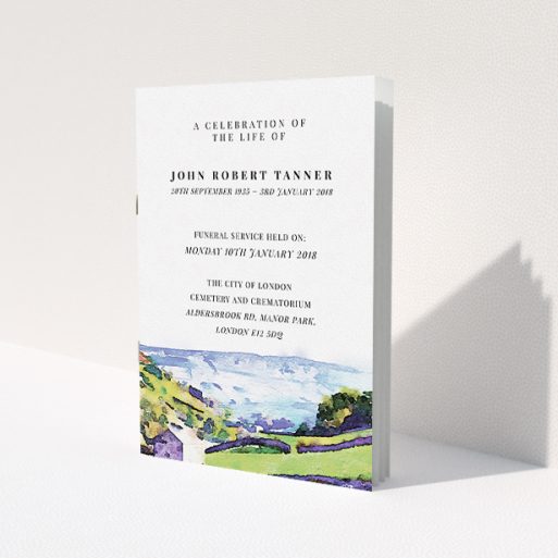 A funeral order of service design named 'Over the Dales'. It is an A5 booklet in a portrait orientation. 'Over the Dales' is available as a folded booklet booklet, with tones of green, light blue and purple.