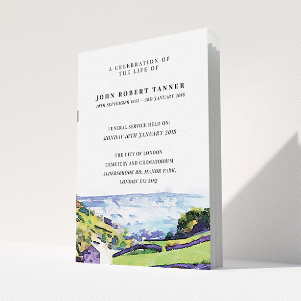 A funeral order of service design named "Over the Dales". It is an A5 booklet in a portrait orientation. "Over the Dales" is available as a folded booklet booklet, with tones of green, light blue and purple.