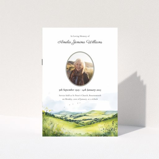 Elegant funeral order of service program design with one photo and scenic landscape illustration.