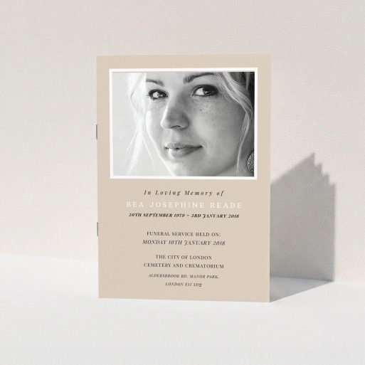 A funeral order of service design titled "Peach remembrance". It is an A5 booklet in a portrait orientation. It is a photographic funeral order of service with room for 1 photo. "Peach remembrance" is available as a folded booklet booklet, with mainly dark cream colouring.