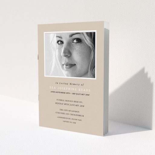 A funeral order of service design titled 'Peach remembrance'. It is an A5 booklet in a portrait orientation. It is a photographic funeral order of service with room for 1 photo. 'Peach remembrance' is available as a folded booklet booklet, with mainly dark cream colouring.