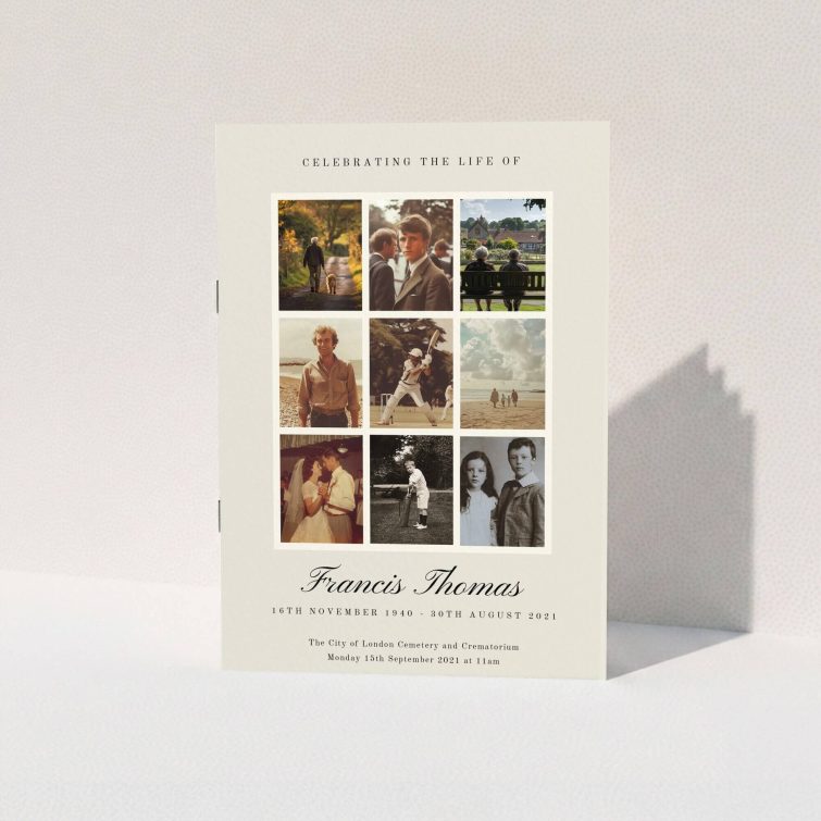 Funeral order of service program with nine photos for a personalised memorial design.
