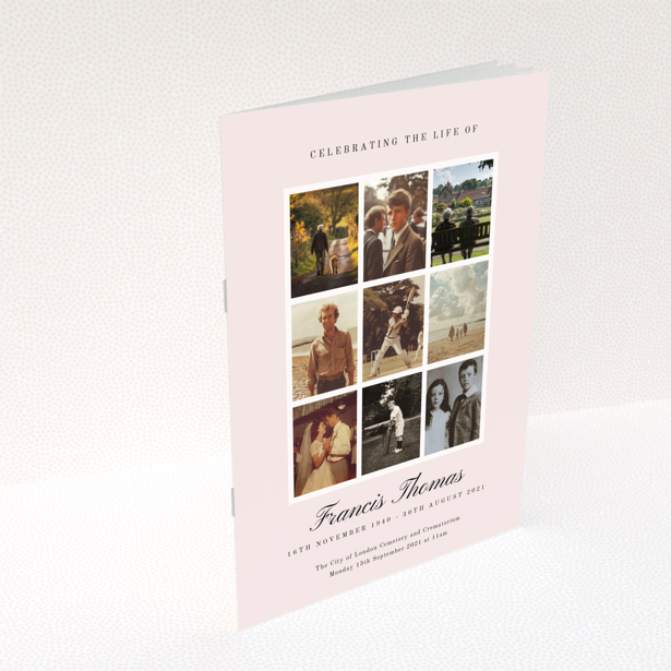 Funeral order of service program design with appreciation and donation text on a light pink background, no photos, Portrait design.