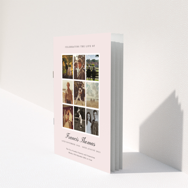 Funeral order of service program design with appreciation and donation text on a light pink background, no photos, Portrait design.