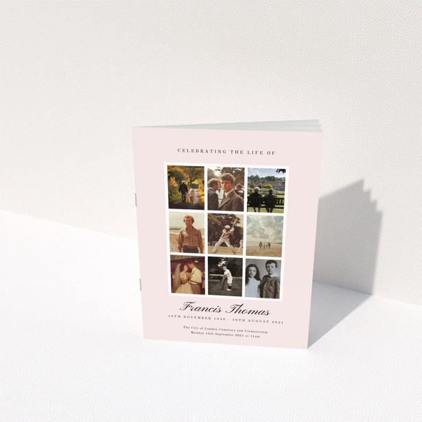 Funeral order of service program design with appreciation and donation text on a light pink background, no photos, Portrait design.