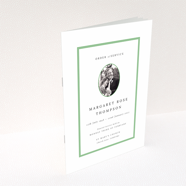 Funeral order of service program design with single photo on back page titled Portrait by Utterly Printable