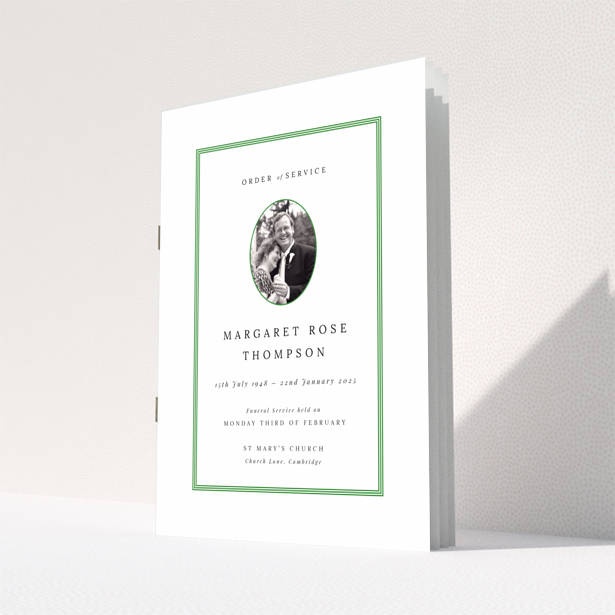 Funeral order of service program design with single photo on back page titled Portrait by Utterly Printable