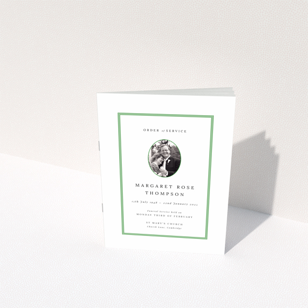 Funeral order of service program design with single photo on back page titled Portrait by Utterly Printable