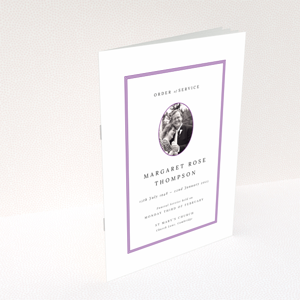 Funeral order of service program back page design with framed text and no photos, Portrait design