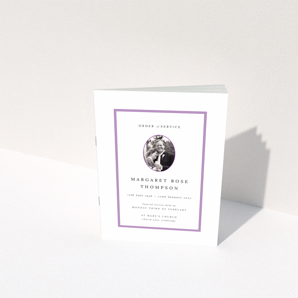 Funeral order of service program back page design with framed text and no photos, Portrait design