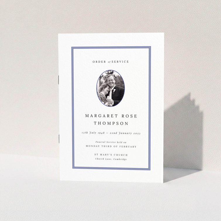 Elegant funeral order of service program design featuring one photo, with a classic border and personalised details for a memorial service.