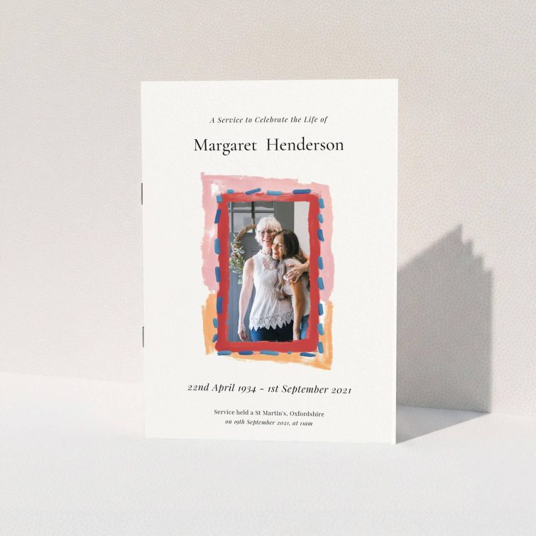 Funeral order of service program design with one photo and artistic border.