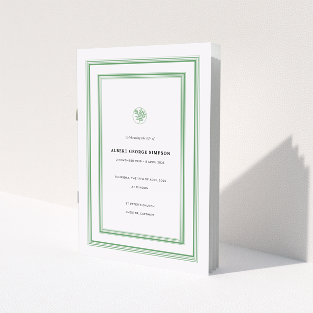 Elegant funeral order of service program design with green border and floral emblem, includes one decorative photo element.
