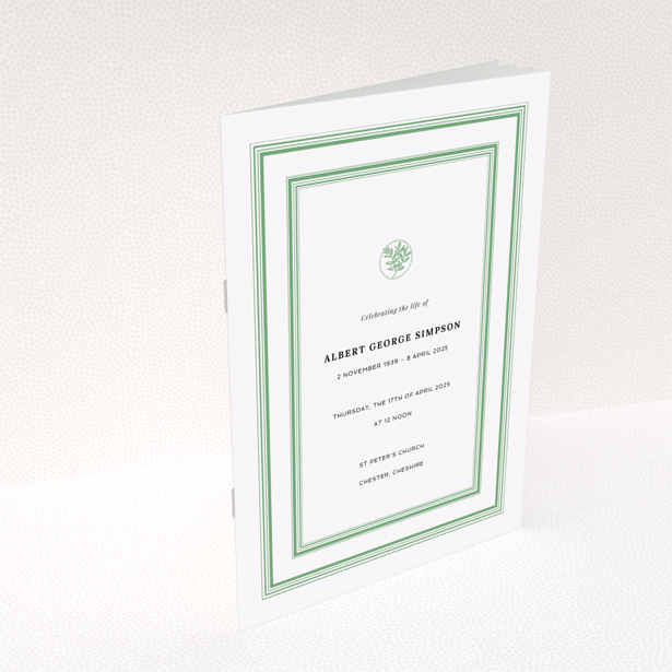 Funeral order of service program design reverse side with appreciation and donations text green border single photo Portrait
