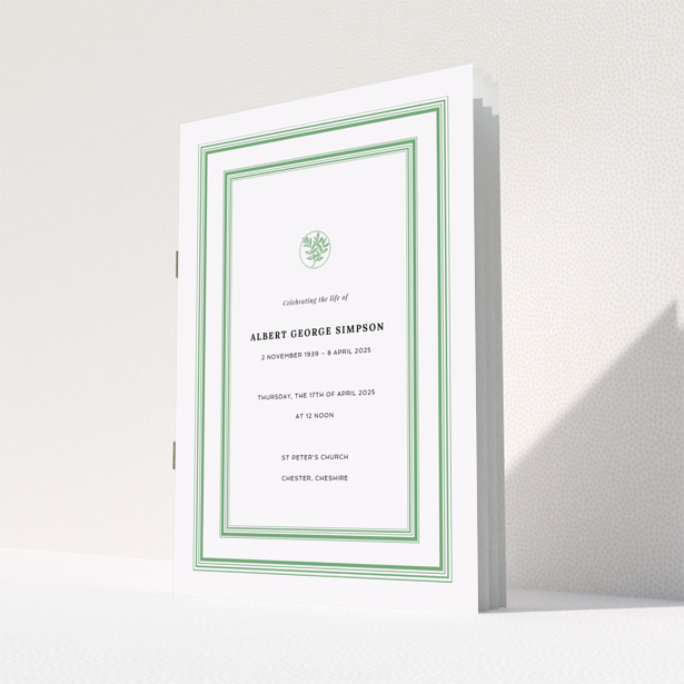 Funeral order of service program design reverse side with appreciation and donations text green border single photo Portrait