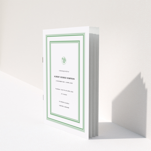 Funeral order of service program design reverse side with appreciation and donations text green border single photo Portrait