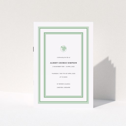 Elegant funeral order of service program design with green border and floral emblem, includes one decorative photo element.
