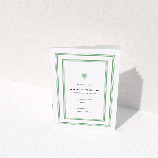 Funeral order of service program design reverse side with appreciation and donations text green border single photo Portrait