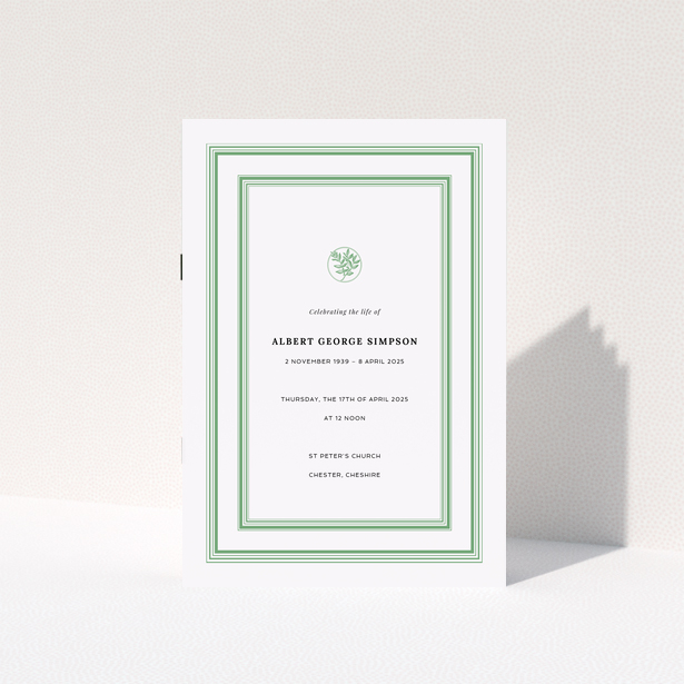 Elegant funeral order of service program design with green border and floral emblem, includes one decorative photo element.