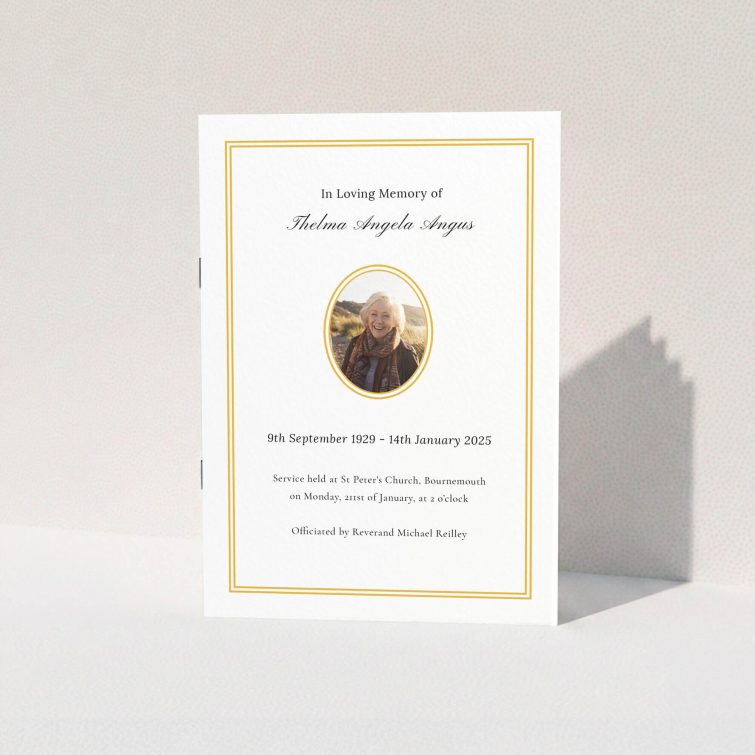 Funeral order of service program design with one photo and elegant border.