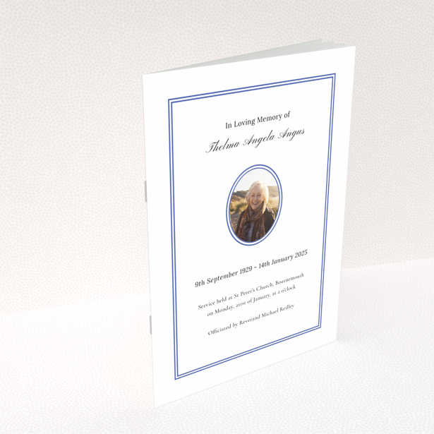 Funeral order of service program design reverse side with appreciation message and donations information featuring a classic border style