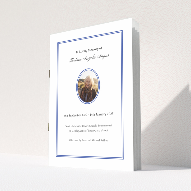 Funeral order of service program design reverse side with appreciation message and donations information featuring a classic border style