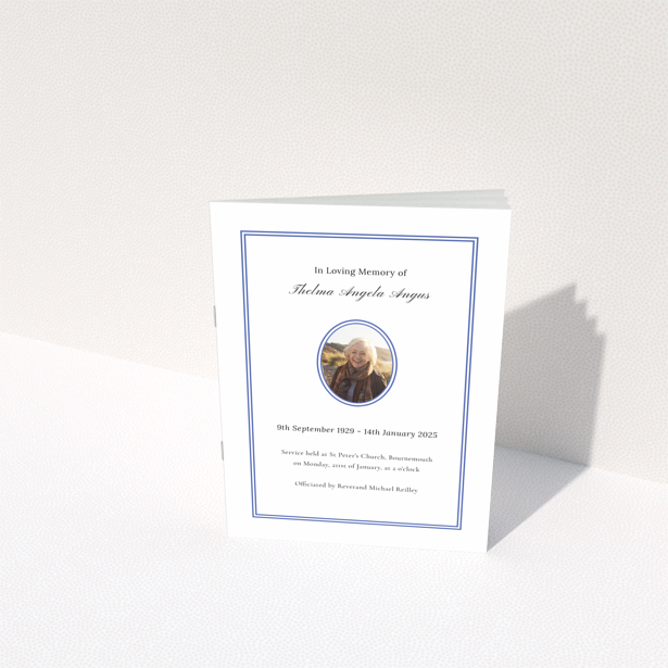 Funeral order of service program design reverse side with appreciation message and donations information featuring a classic border style