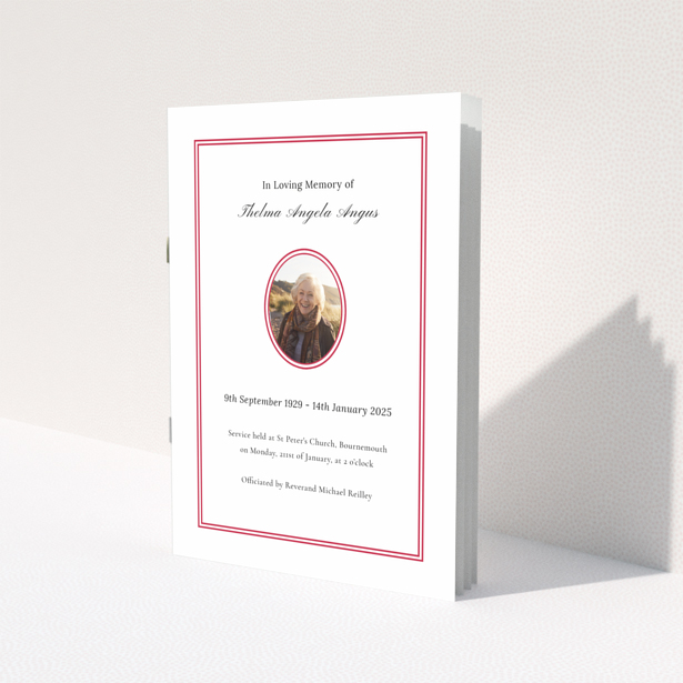 Funeral order of service programme design with one photo in a red-bordered format.