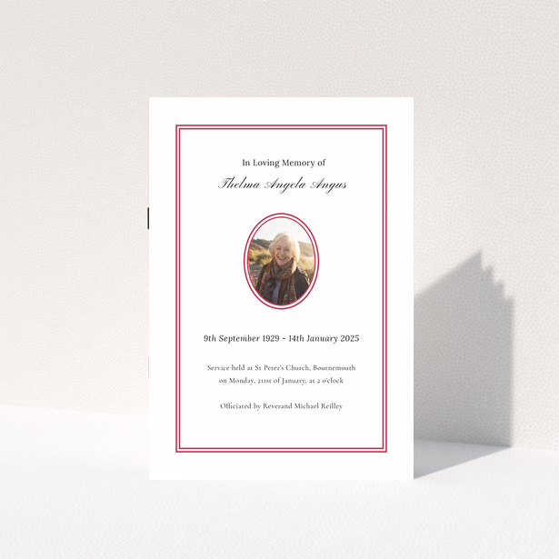 Funeral order of service programme design with one photo in a red-bordered format.