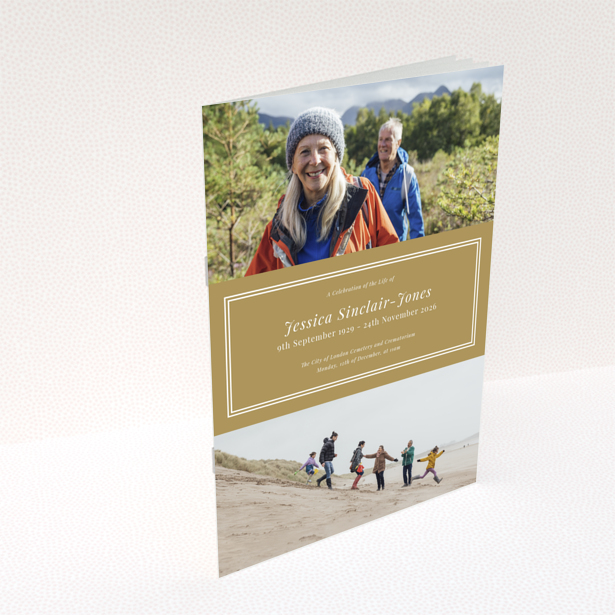 Funeral order of service program back page design with gold background and placeholder text, no photos, Portrait design