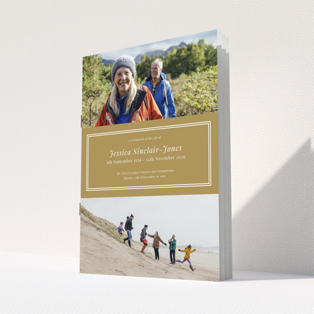 Funeral order of service program back page design with gold background and placeholder text, no photos, Portrait design