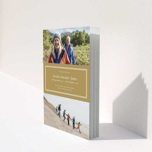 Funeral order of service program back page design with gold background and placeholder text, no photos, Portrait design