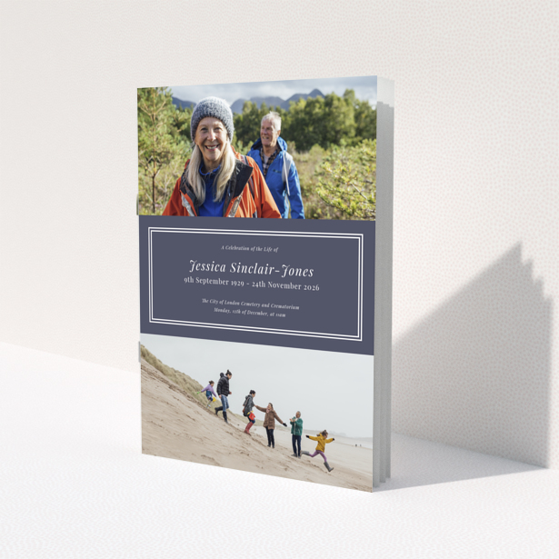 Funeral order of service programme design with two photos of outdoor activities.