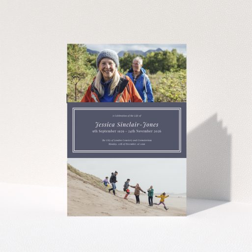 Funeral order of service programme design with two photos of outdoor activities.