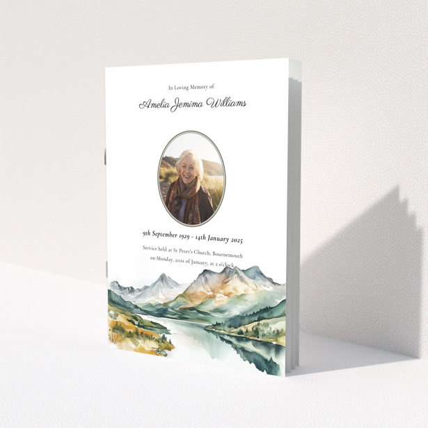 Funeral order of service program design with one photo and landscape artwork.