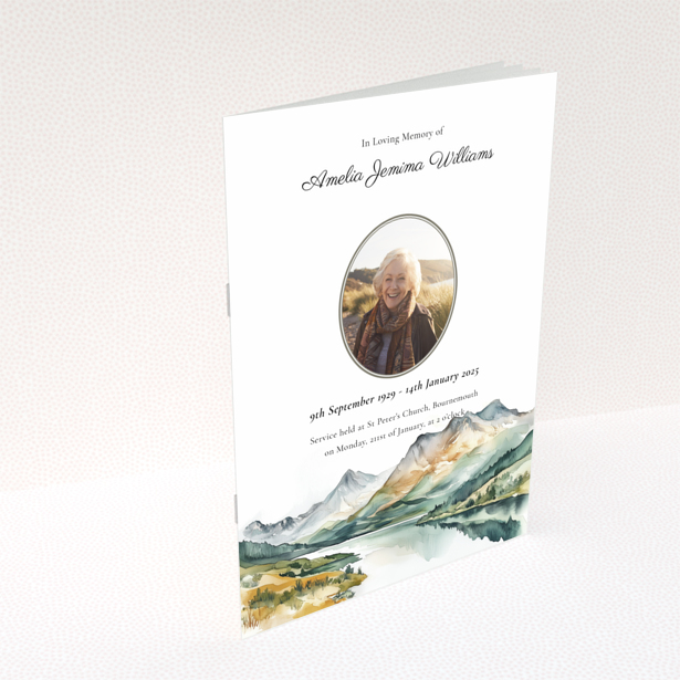 Funeral order of service program reverse side design with landscape illustration and dummy text, no photos, Portrait